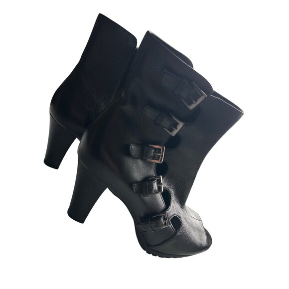 Aerosoles Mirage Leather Black Peep Toe Boots Buckles Side Zip 3" Heel Size 9.5 - Picture 6 of 9